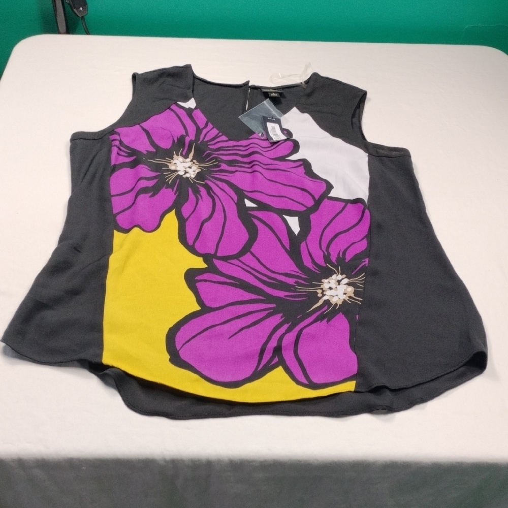 NWT Worthington Black Tank Top with Purple and Yellow Floral Design